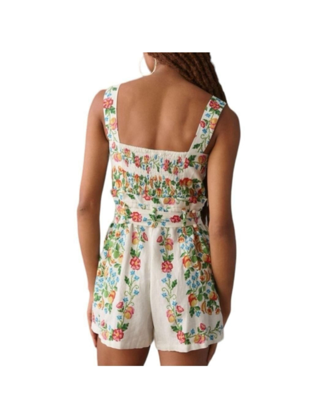 Farm Rio Crosstitch Floral Belted Romper linen blend off-white Cottagecore Sz XL - Picture 3 of 15